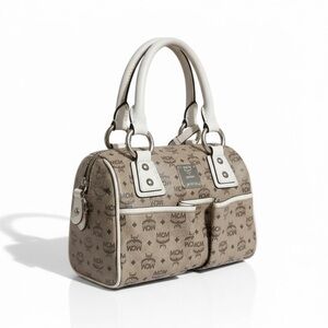 ✨ MCM Visetos Mini Boston Satchel – Beige/White – Holiday Glam EUC 🎄✨